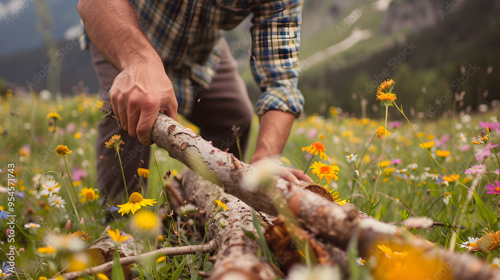 A man chopping wood in a meadow wildflowers in bloom all around. A man chopping wood in a meadow wildflowers in bloom all around.