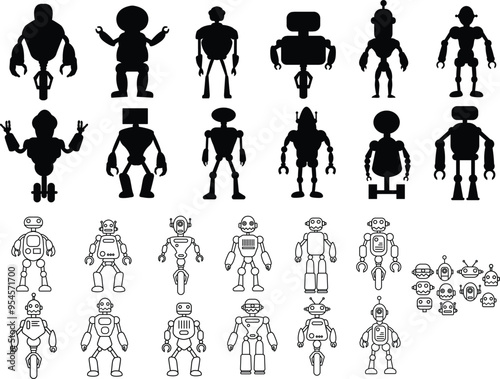 Robots Bundle Illustration, Alien Robots Cut File, Automated Stencil, Android Vector, Puppet Clipart, Children Toys, Kids