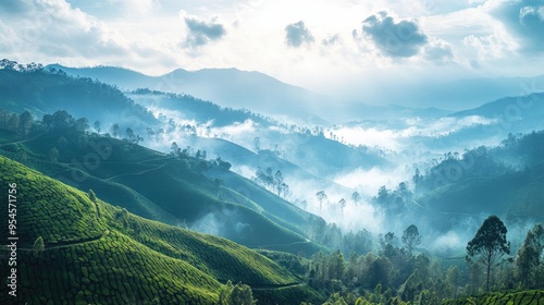 Top view of the tea plantations in Nuwara Eliya, with terraced fields, mist-covered mountains, and winding paths