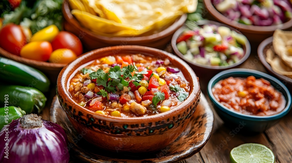 Mexican Chili with Toppings in Clay Bowls on Rustic Wooden Table Mexican Chili with Toppings in Clay Bowls on Rustic Wooden Table