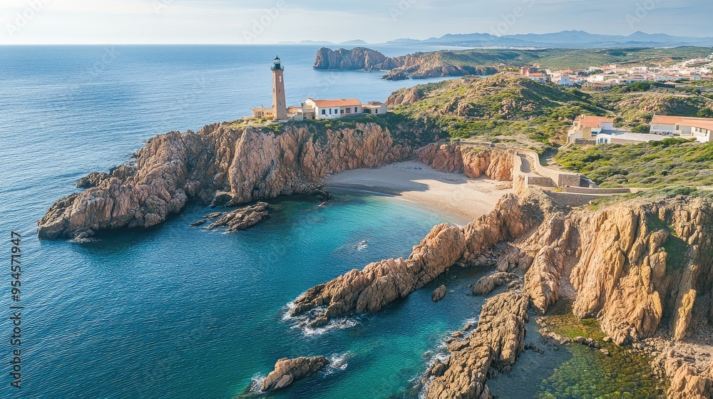 Obraz premium Top view of the tranquil landscapes and rocky coastline around Cabo Espichel, with the lighthouse as a focal point