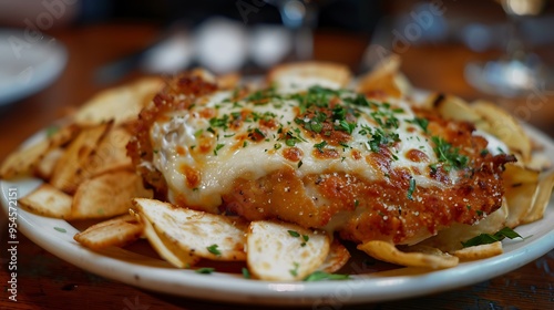 Chicken with a cheesy crust and melted mozzarella on top served with crunchy chips