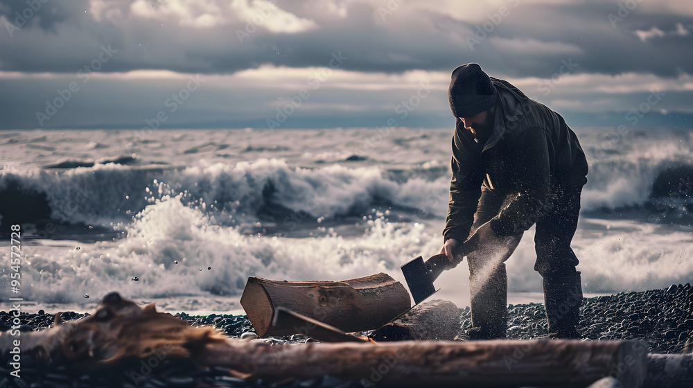 Fototapeta premium A man chopping wood on a beach waves crashing in the background.