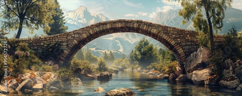 Arch bridge spanning a picturesque mountain stream, 4K hyperrealistic photo photo