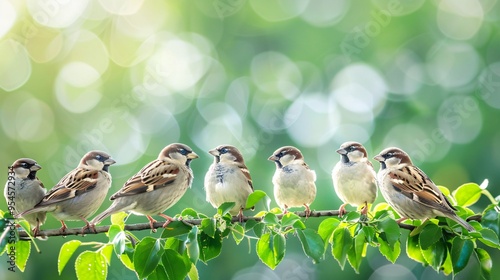 07231249 401. A flock of six house sparrows perched atop a tree hedge, with a soft, blurred green and white bokeh background highlighting the birds' detailed plumage photo