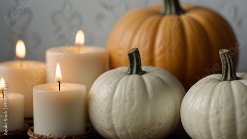 White pumpkin for Halloween with white candles on a white background