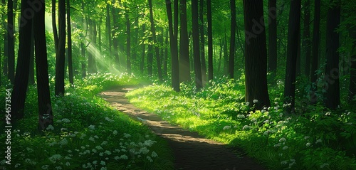 A serene forest pathway illuminated by sunlight, surrounded by lush greenery and vibrant flowers, perfect for nature lovers.