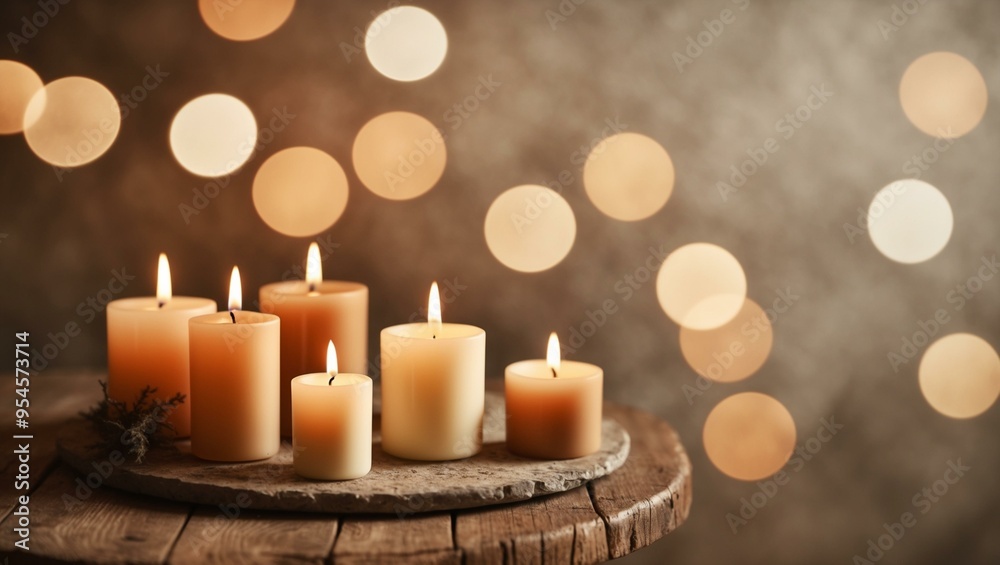 An elegant display of lit candles arranged on a rustic wooden surface, enhanced by a background of soft, glowing bokehs, creating a warm and inviting atmosphere perfect for relaxation. An elegant display of lit candles arranged on a rustic wooden surface, enhanced by a background of soft, glowing bokehs, creating a warm and inviting atmosphere perfect for relaxation.