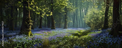 Enchanted forest with a carpet of bluebells, 4K hyperrealistic photo, photo