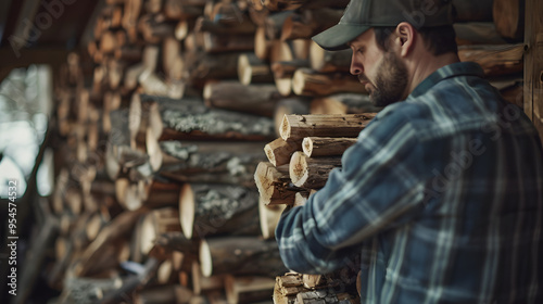 Wallpaper Mural A man stacking chopped wood neatly in a shed highlighting organization and preparation. Torontodigital.ca