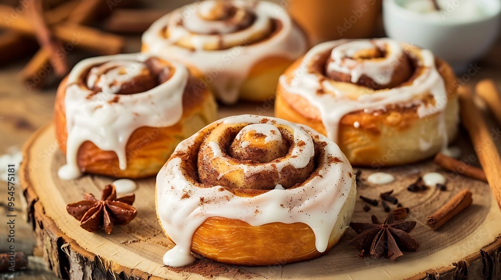 Cinnamon rolls with frosting on an old board in honor of national cinnamon roll day Cinnamon rolls with frosting on an old board in honor of national cinnamon roll day