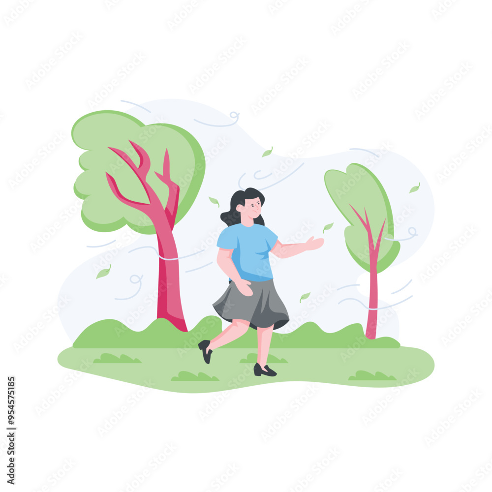 A girl enjoying windy season, flat illustration A girl enjoying windy season, flat illustration