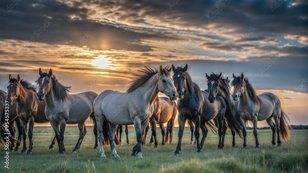 wild horses on green field and sunny orange sky. wild horses on green field and sunny orange sky.