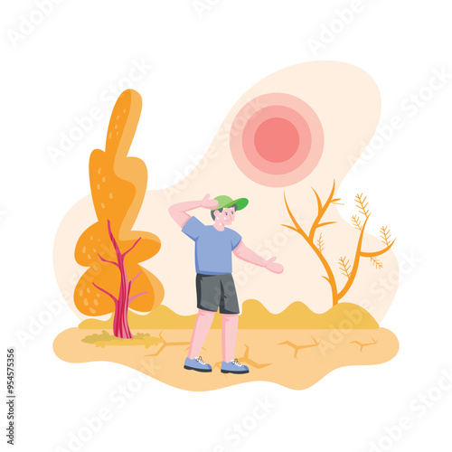 Young man at outdoor with hot temperature, summer season flat illustration