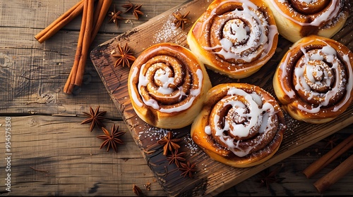 Cinnamon rolls with frosting on an old board in honor of national cinnamon roll day