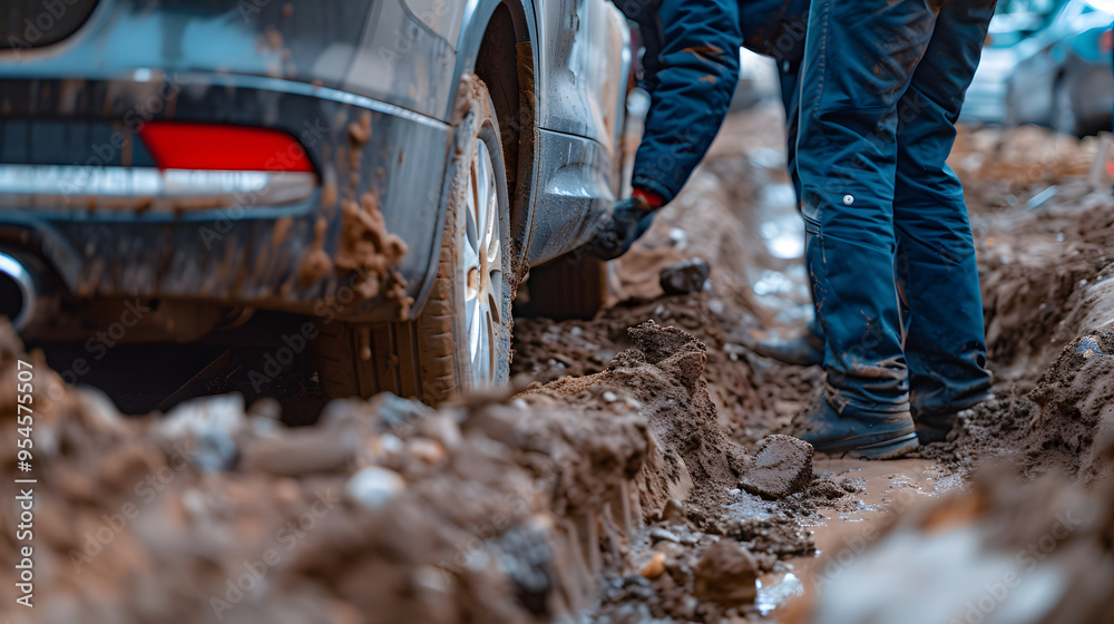 Obraz premium A premium hatchback being dug out workers carefully removing soil.
