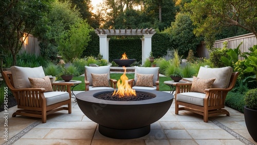 A charming backyard patio featuring a fire pit surrounded by four cushioned chairs, lush greenery, and a beautiful pergola in the background to enhance the ambiance.