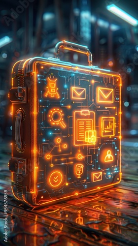 Futuristic suitcase with glowing icons, representing digital technology and innovation in a high-tech environment. photo