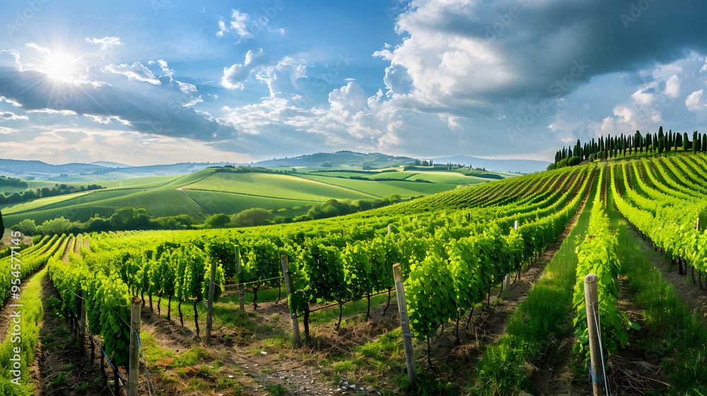 Naklejka premium A scenic vineyard in Tuscany Italy with rolling hills and lush grapevines.