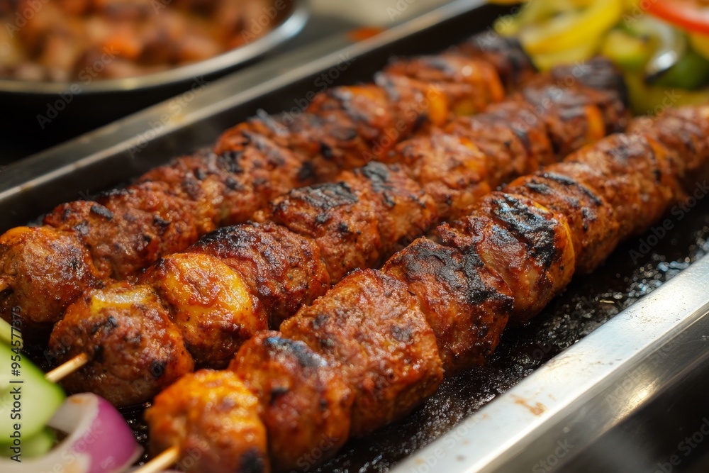 Close-up of traditional kebabs with meat on the stick, in a restaurant or cafe at a family gathering event. Close-up of traditional kebabs with meat on the stick, in a restaurant or cafe at a family gathering event.