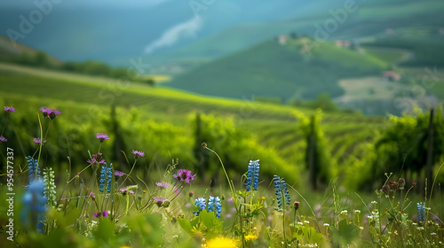 A serene vineyard in the Abruzzo region Italy with wildflowers among the vines.