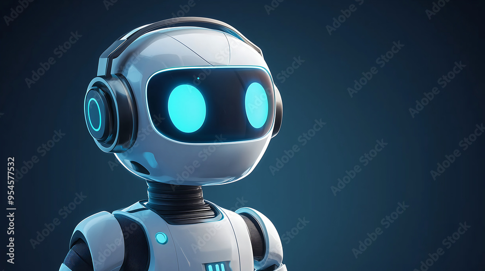 cute robot, with blue glowing eyes and a white body color against a dark background, wearing headphones cute robot, with blue glowing eyes and a white body color against a dark background, wearing headphones