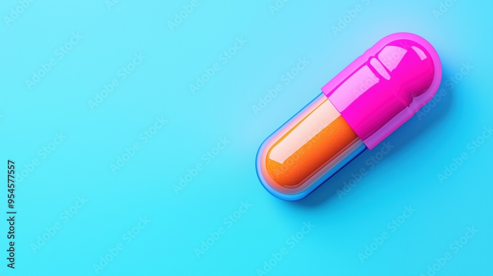 Futuristic Metallic Pill Capsule with Magenta Sheen on Blue-Grey Background Futuristic Metallic Pill Capsule with Magenta Sheen on Blue-Grey Background