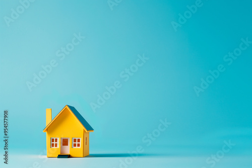 small yellow house on a blue background, real estate banner