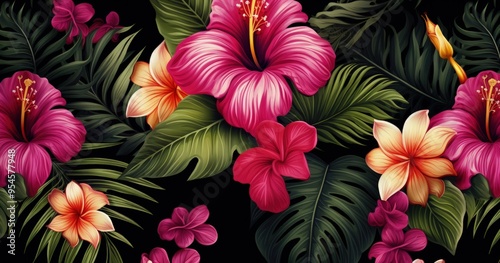 A vibrant floral pattern featuring hibiscus and tropical leaves, ideal for backgrounds or decorative purposes.