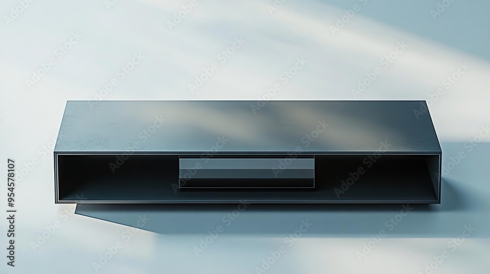 A sleek, modern rectangular shelf or console table with an open compartment. A sleek, modern rectangular shelf or console table with an open compartment.