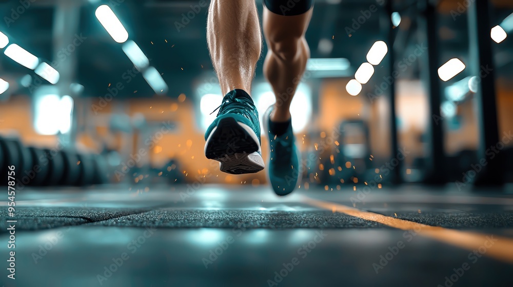 Fototapeta premium Dynamic action shot of a runner's legs in motion, showcasing athleticism and energy in a training environment.