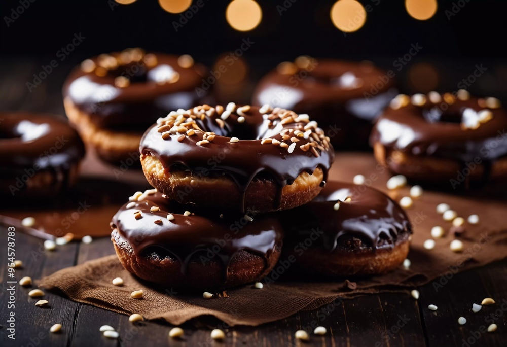 Freshly made chocolate donuts with a rich glaze and creamy filling sit on parchment paper. They are presented on table, showcasing their delectable appearance. Cocoa brown glaze on buns. Generative AI