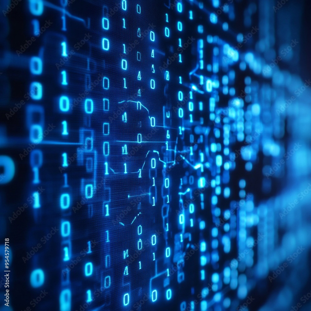 Obraz premium Blue digital binary data on computer screen background, AI Generative