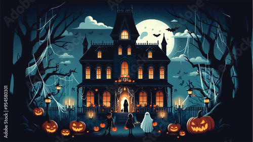 an eerie scene of a grand, spooky haunted house decorated for Halloween (1)