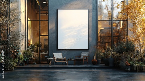 Modern office exterior with a blank white poster hanging in the window