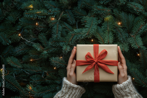 Woman hands holding gift wrapped in kraft paper and red bow, placed on top of pine leaves.