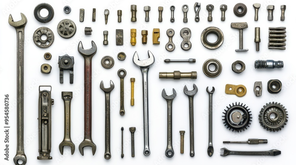 An array of industrial tools and components arranged neatly, showcasing various wrenches, gears, and fittings for mechanical applications An array of industrial tools and components arranged neatly, showcasing various wrenches, gears, and fittings for mechanical applications