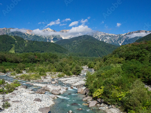 白馬大橋から望む、夏の北アルプスと松川 長野県白馬村