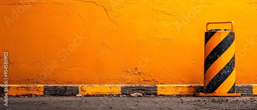 Bright orange wall with safety barrel featuring diagonal black and yellow stripes, beside a black and yellow striped road curb. photo