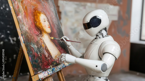 An AI-powered robot artist painting a masterpiece, symbolizing creativity enhanced by artificial intelligence