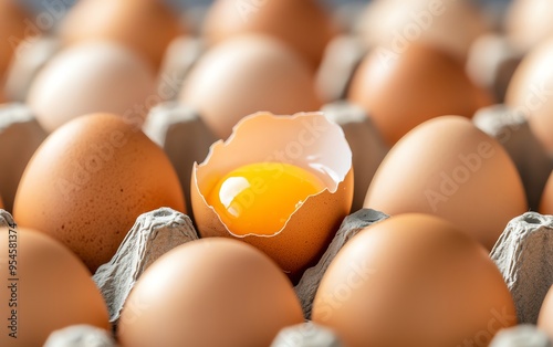 Close-up of a broken egg with yolk surrounded by numerous whole eggs in a carton. Freshness and food concept. photo