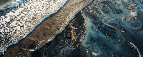 Oil spill contaminating coastal waters, 4K hyperrealistic photo photo