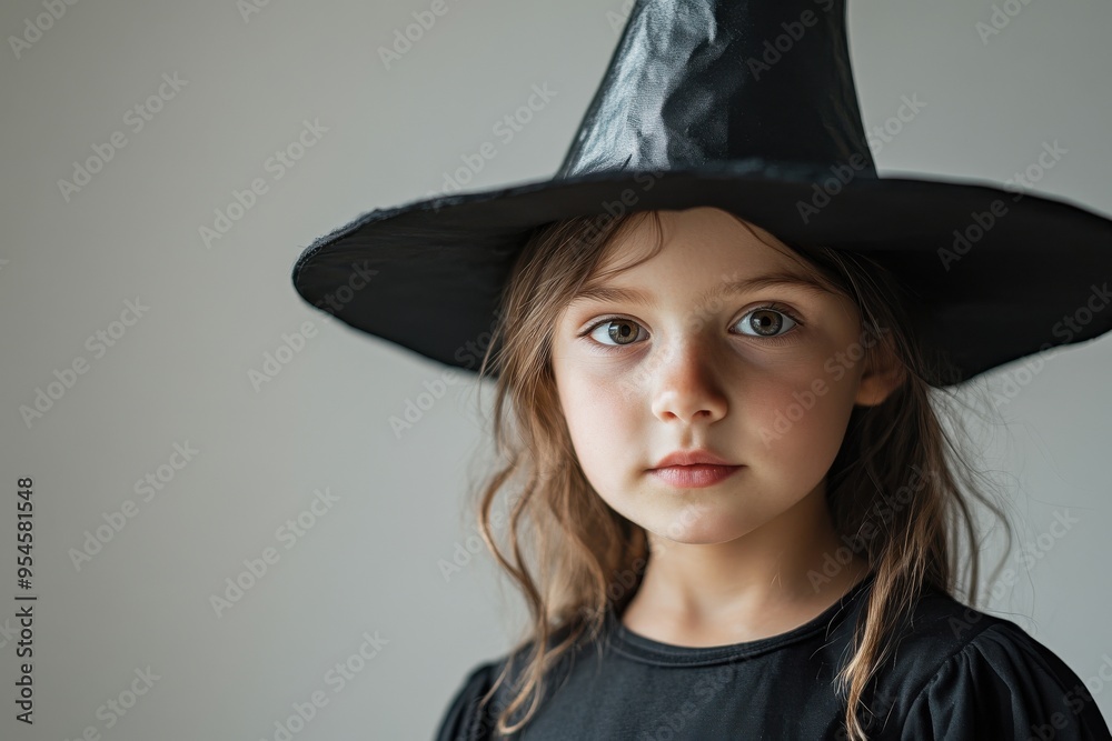 Close-up portrait of a child wearing a witch costume with a pointed hat on a minimal grey background Close-up portrait of a child wearing a witch costume with a pointed hat on a minimal grey background