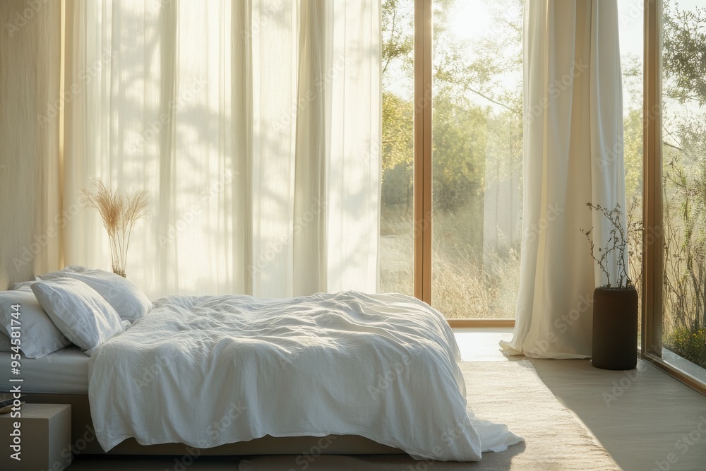 Serene bedroom with a simple bed, white linens, and natural light streaming in through large windows Serene bedroom with a simple bed, white linens, and natural light streaming in through large windows