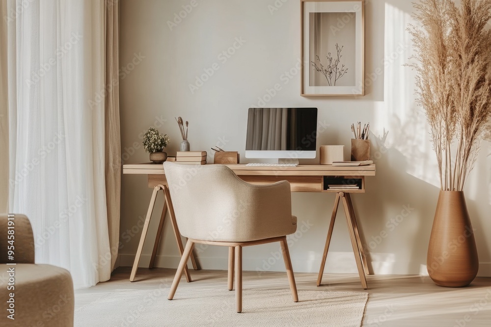 Fototapeta premium Minimalist home office with a sleek desk, a comfortable chair, and a few decorative items