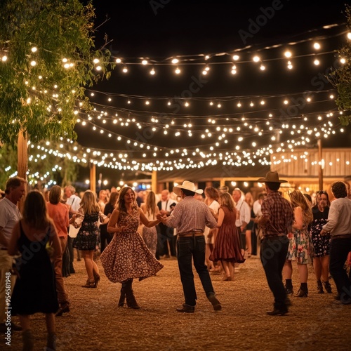 Attendees enjoy a lively country dance under string lights, AI Generative photo