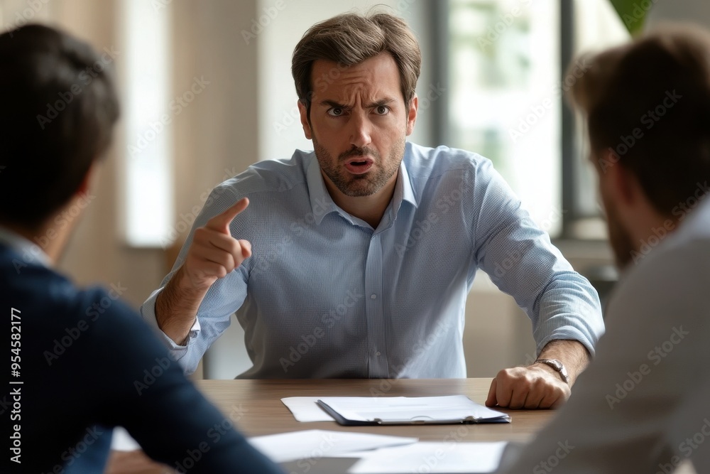 Businessman in a tense discussion with colleagues, pointing at a critical document on the table during an important meeting