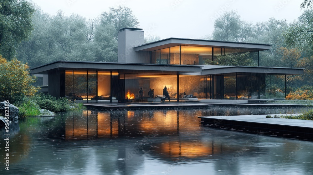 Modern house by a serene lake in a misty forest setting. Modern house by a serene lake in a misty forest setting.