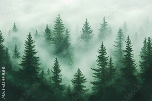 Misty fir forest, a misty forest with tall pine trees covered in a layer of mist creating a serene and mysterious atmosphere