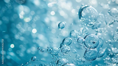 Closeup of bubbles of oxygen in transparent blue water